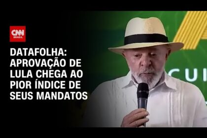 Lula sorri ao lado de gráfico Datafolha mostrando aprovação em alta e rejeição em queda