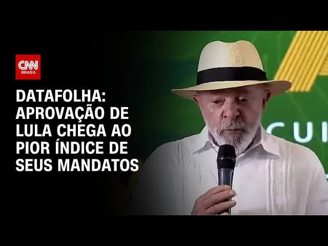 Lula sorri ao lado de gráfico Datafolha mostrando aprovação em alta e rejeição em queda