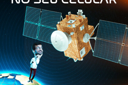 Logos Vivo e Starlink sobre fundo de satélite orbitando a Terra com smartphone conectado