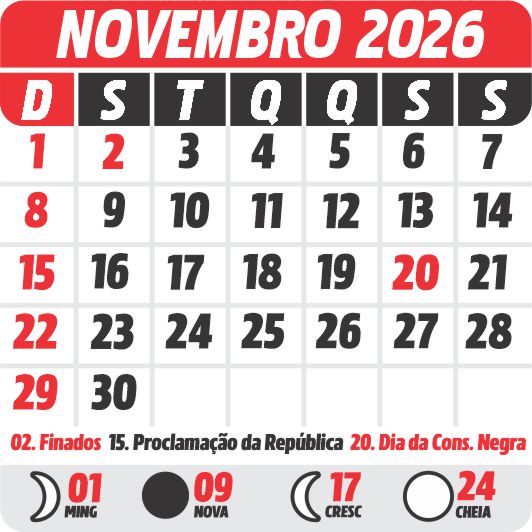 Calendário de novembro 2026 destacando dois feriadões prolongados que impactam planejamento empresarial