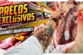 Trabalhadora exausta com três crachás de emprego olha preços de carne no supermercado