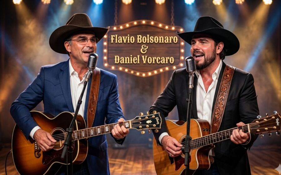 Mais de 30 estrelas do sertanejo reunidas em fazenda goiana declarando apoio a Flávio Bolsonaro