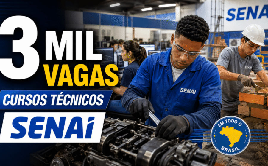 Estudantes em sala de aula do Senai-SP com banner de 3.357 vagas gratuitas em cursos técnicos