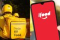 Gavel e balança da justiça com logotipos 99Food e iFood representando disputa judicial por concorrência desleal