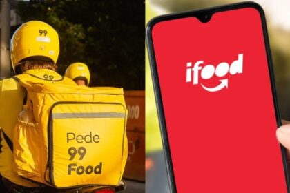 Gavel e balança da justiça com logotipos 99Food e iFood representando disputa judicial por concorrência desleal
