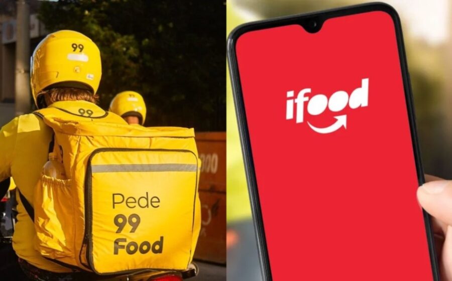 Gavel e balança da justiça com logotipos 99Food e iFood representando disputa judicial por concorrência desleal
