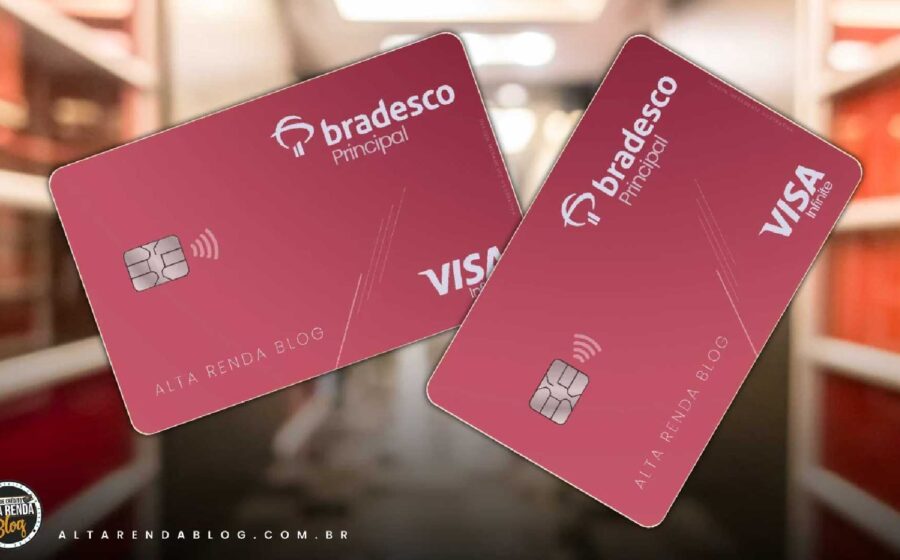 Logotipo do Bradesco sobre fundo vermelho com gráficos financeiros ascendentes