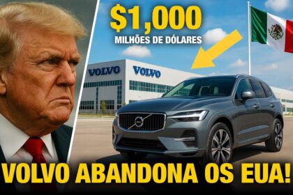 Carro Volvo elétrico com gráfico de ações em queda ao fundo, logotipo da marca em destaque