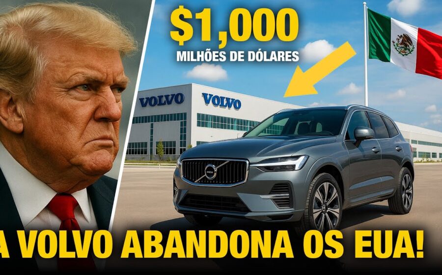 Carro Volvo elétrico com gráfico de ações em queda ao fundo, logotipo da marca em destaque