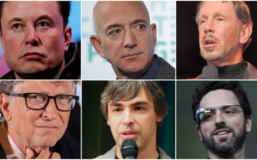 Colagem de Mark Zuckerberg, Sam Altman e Elon Musk retratados como vilões cinematográficos em pôsteres de filmes recentes