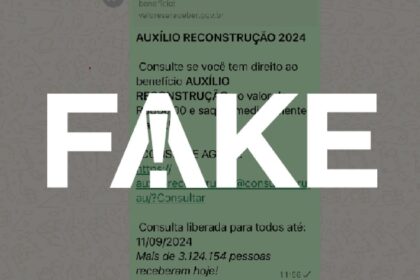 Alerta de golpe do Auxílio Reconstrução 2026 prometendo R$ 1.680 para roubo de dados pessoais e corporativos