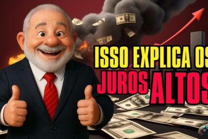 Gráfico comparando juros Brasil vs EUA com símbolos de real e dólar flutuando