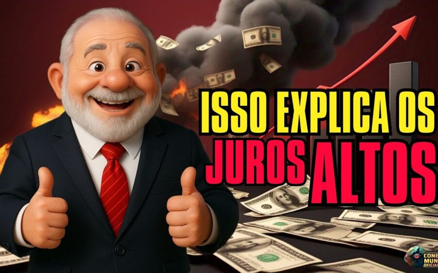 Gráfico comparando juros Brasil vs EUA com símbolos de real e dólar flutuando