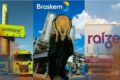 Colagem financeira com logos do Bradesco, Braskem e Raízen sobre gráficos de ações e símbolos de balanço patrimonial
