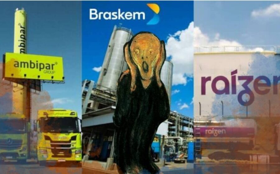 Colagem financeira com logos do Bradesco, Braskem e Raízen sobre gráficos de ações e símbolos de balanço patrimonial