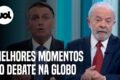 Palco do debate presidencial no 2º turno nos Estúdios Globo com púlpitos e cenografia iluminada