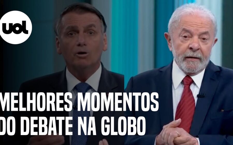 Palco do debate presidencial no 2º turno nos Estúdios Globo com púlpitos e cenografia iluminada