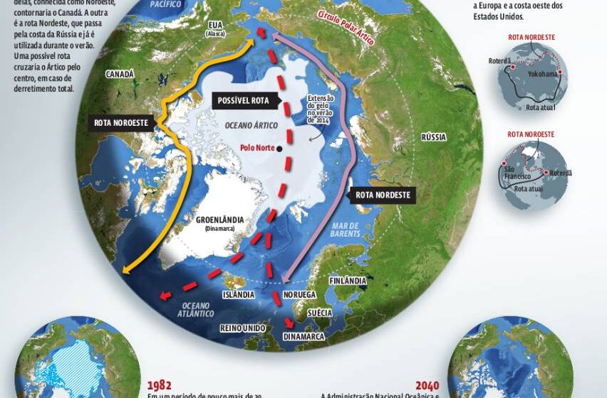 Navio cargueiro navegando no Ártico entre icebergs, rota marítima Ásia-Europa