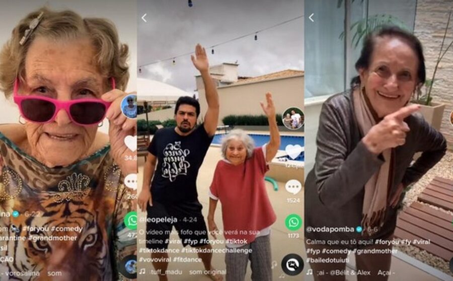 Vovós sorridentes usando smartphones para criar conteúdo no TikTok e faturar alto