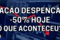 Gráfico de ações WEGE3 em queda com logotipo da WEG e indicadores financeiros negativos