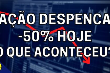 Gráfico de ações WEGE3 em queda com logotipo da WEG e indicadores financeiros negativos