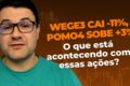 Gráfico de ações WEGE3 caindo 11% com logotipo WEG e fábrica ao fundo