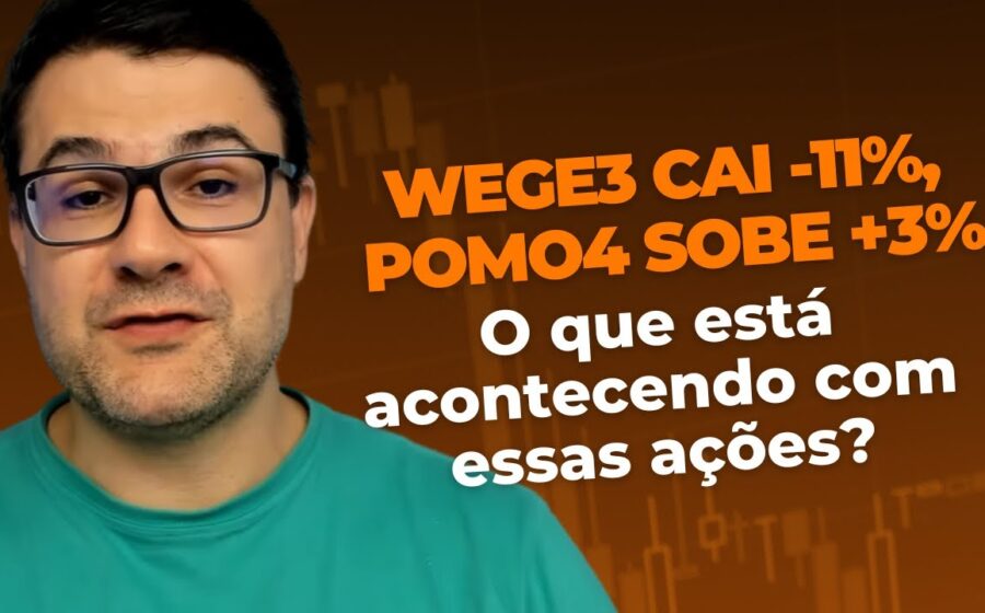 Gráfico de ações WEGE3 caindo 11% com logotipo WEG e fábrica ao fundo