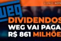 Gráfico de ações WEGE3 em queda com logotipo da WEG e ícones de dólar e cobre