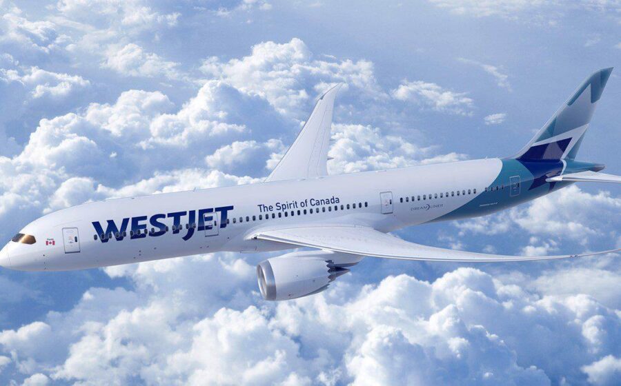 Aeronave WestJet Boeing 787 Dreamliner no aeroporto de Guarulhos com rota Brasil-Canadá