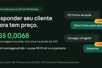 Tela de smartphone mostrando interface do WhatsApp Business com alerta de cobrança por mensagens