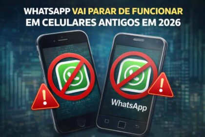 Smartphone com ícone do WhatsApp bloqueado e lista de modelos Android e iOS incompatíveis