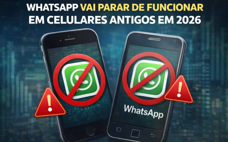 Smartphone com ícone do WhatsApp bloqueado e lista de modelos Android e iOS incompatíveis