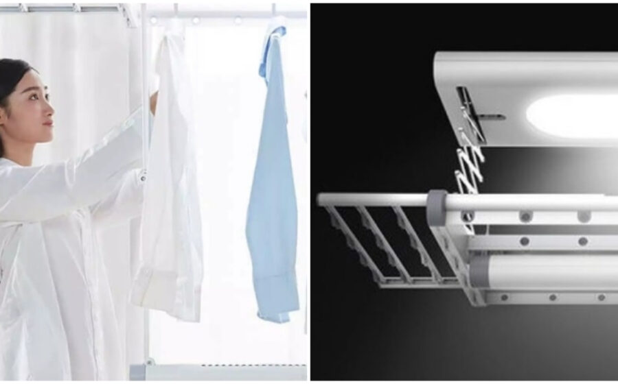 Varal robótico Xiaomi Mijia Smart Clothes Dryer 3 Max instalado no teto funcionando como luminária e secador de roupas