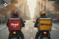 Logos do iFood e 99Food com balança da justiça e martelo judicial