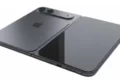 iPhone Duo dobrável aberto mostrando tela interna de 7,6 polegadas sobre mesa