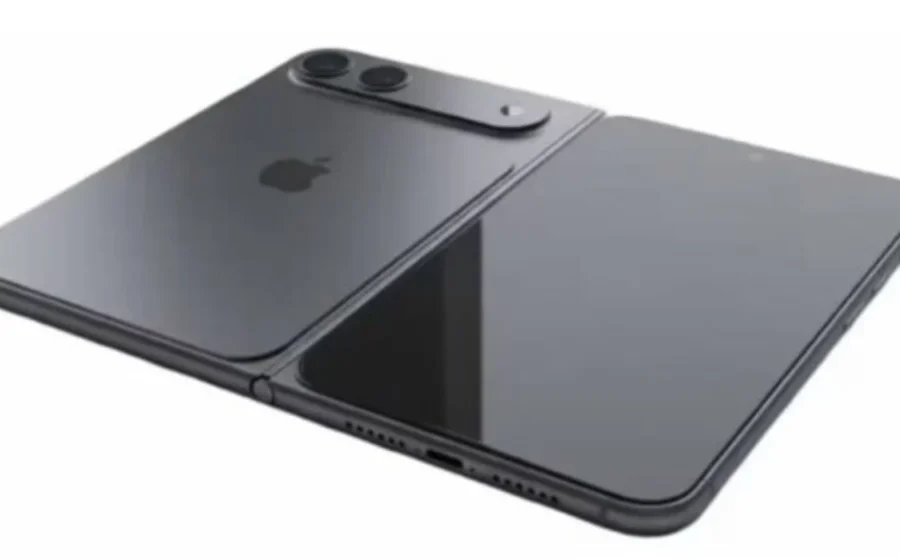 iPhone Duo dobrável aberto mostrando tela interna de 7,6 polegadas sobre mesa